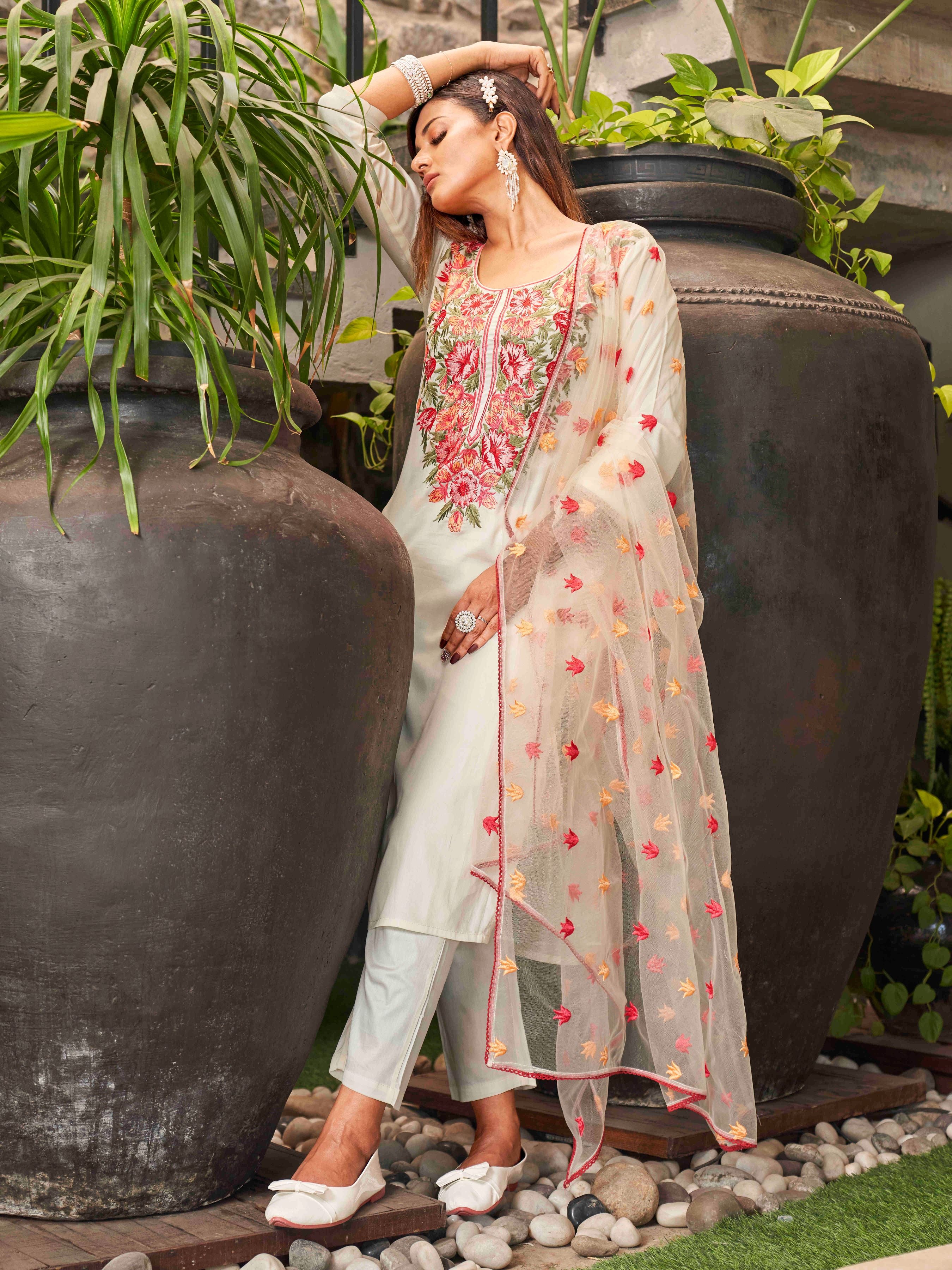 Floral Embroidered Cotton Blend Kurta with Trousers & Dupatta